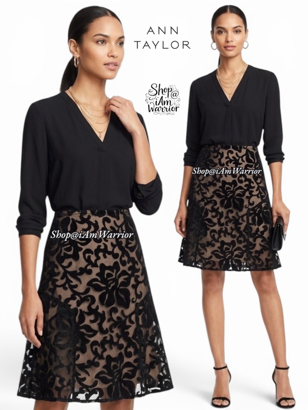 Ann Taylor black embroidered lace jacquard leaves flounce skirt *shop@iamwarrior